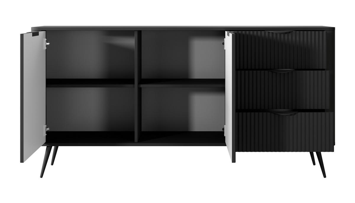 SIDEBOARD Vespasia 2T 3S Schwarz 163,2/81,2/38 cm – Geriffelten Fronten - Schwarz, Holzwerkstoff/Metall (163.2/81.2/38cm) - AX Living
