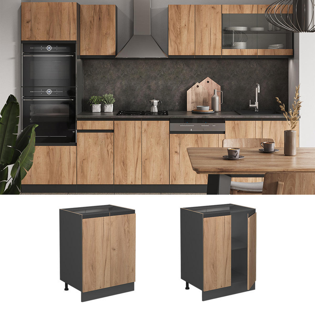 KÜCHENUNTERSCHRANK R-Line Goldkraft Eiche 60 cm, AP Eiche - Anthrazit/Eiche Wotan, Holzwerkstoff (60/81.6/60cm) - Vicco