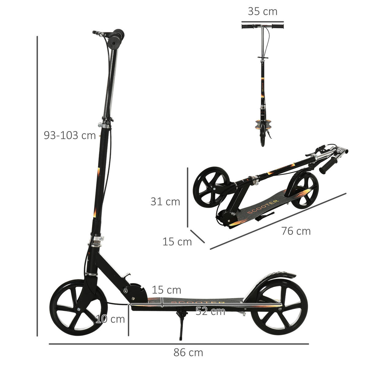 KINDERSCOOTER DE-16941 klappbar mit Doppelbremse Schwarz - Schwarz, Metall (86/35/103cm) - ComfortXL