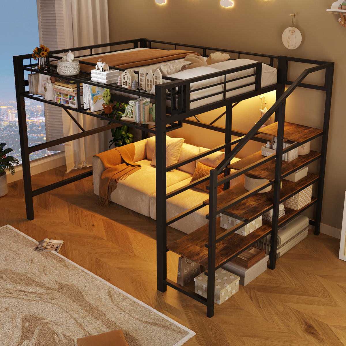 HOCHBETT 140/200 cm in Schwarz mit LED, Regal und Aufbewahrungskorb - Schwarz, Holzwerkstoff/Metall (140/200cm) - WISHDOR