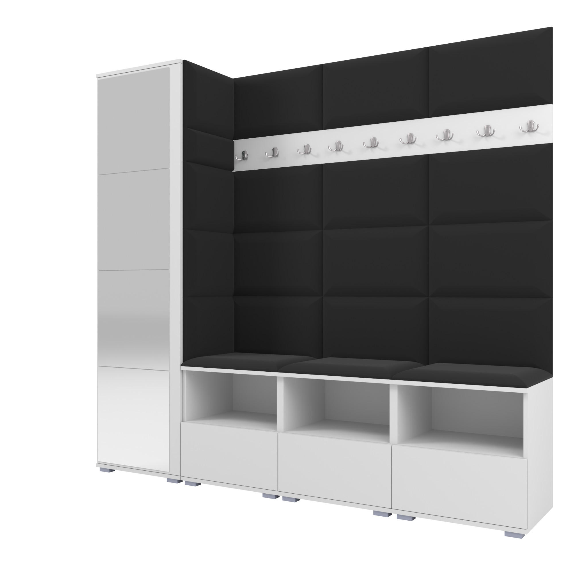 GARDEROBE NELA IX 200 cm (Modulare Flurmöbel Weiß mit Spiegel & Sitzpolster Schwarz 16 Breite Sitzbank) - Silberfarben/Schwarz, Holz/Holzwerkstoff (200/187/40cm) - Ravio
