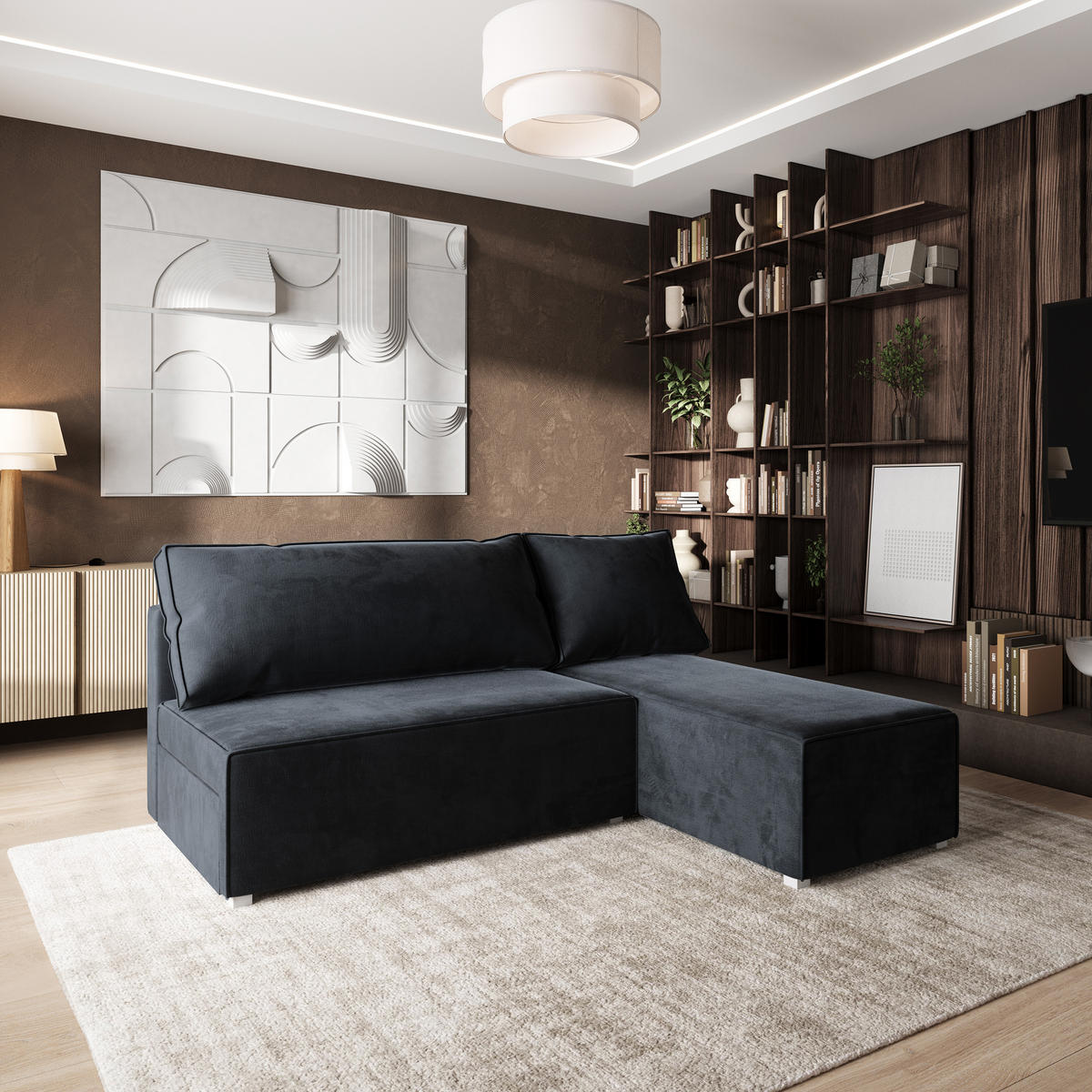 ROHOVÁ SEDAČKA BRISO černá - šedá/černá, dřevo/textil (200/140cm) - MASSENO