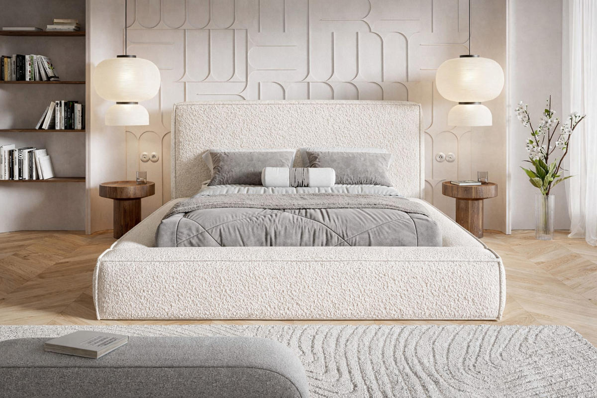 POLSTERBETT Boucle 180x200 Karano, Dicker Schaum, Bettkasten, Creme - Creme, Holz/Textil (180/200cm) - Emporius