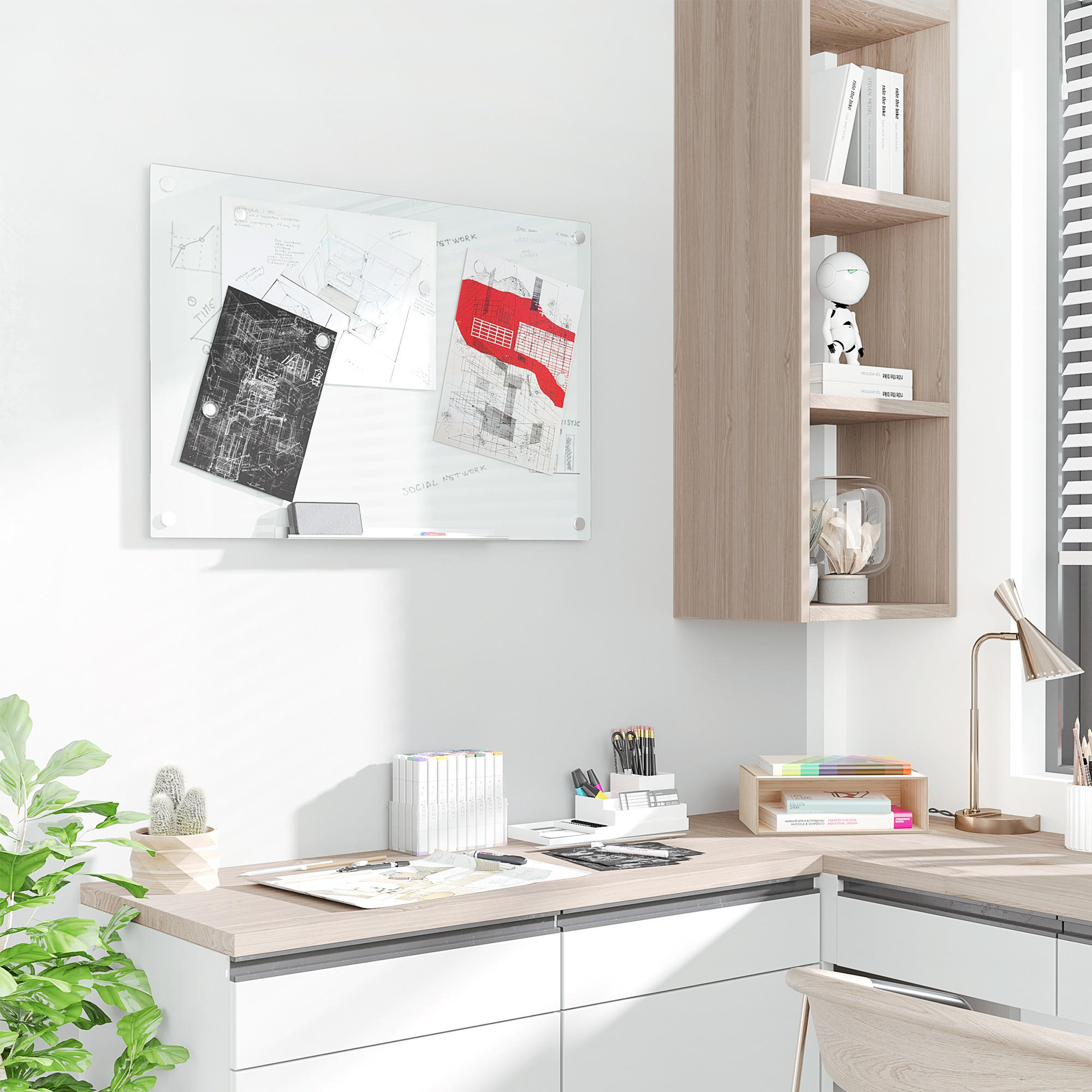 MAGNETTAFEL mit 4 Stifte, 6 Magnete, 1 Schwamm,1 Ablage, abwischbar, 90 x 60 cm - Weiß, Kunststoff (60/2.8/90cm) - Vinsetto