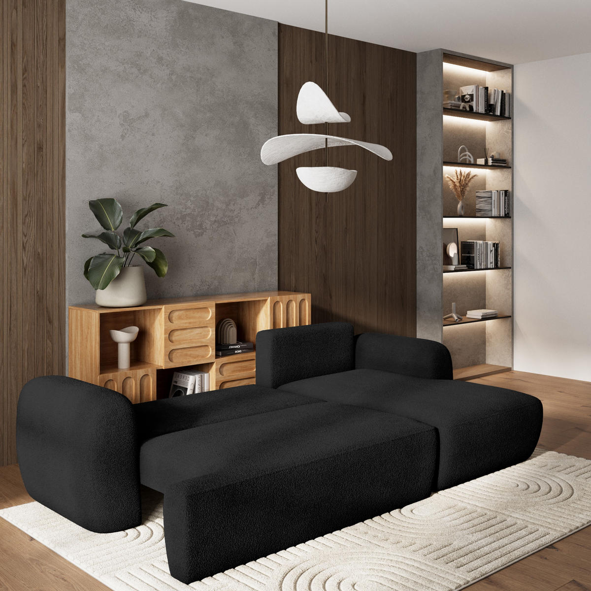 ECKSOFA MODENZA N R-S Schwarz Boucle-Stoff mit Schlaffunktion - Schwarz, Holz (266/148cm) - MASSENO