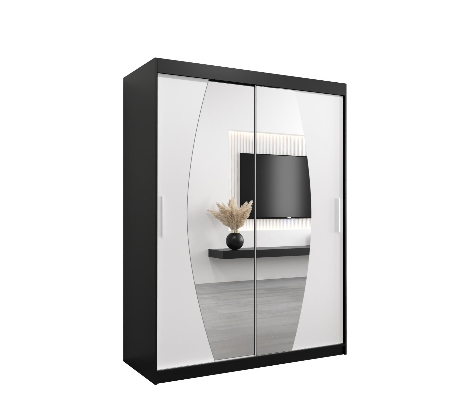 Abiks Möbel Schwebetürenschrank Schwarz, Weiß 150x200x62 cm