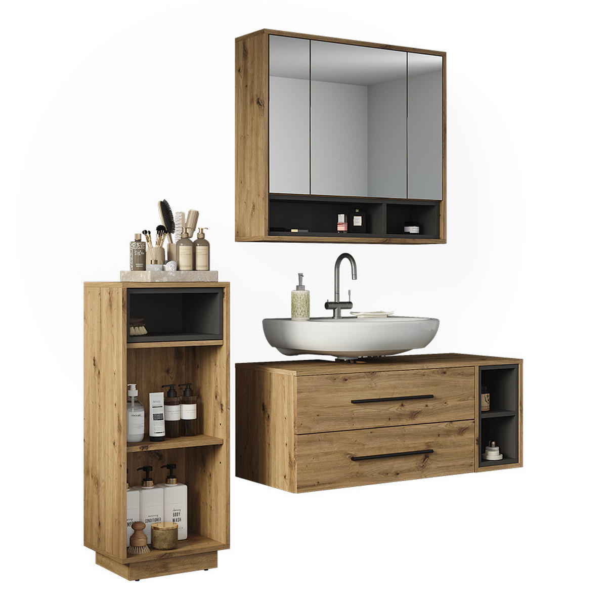 BADMÖBEL-SET Beatrice, Artisan-Eiche/Anthrazit, 3-teilig - Anthrazit/Eiche Artisan, Holzwerkstoff (100/40/40cm) - Vicco