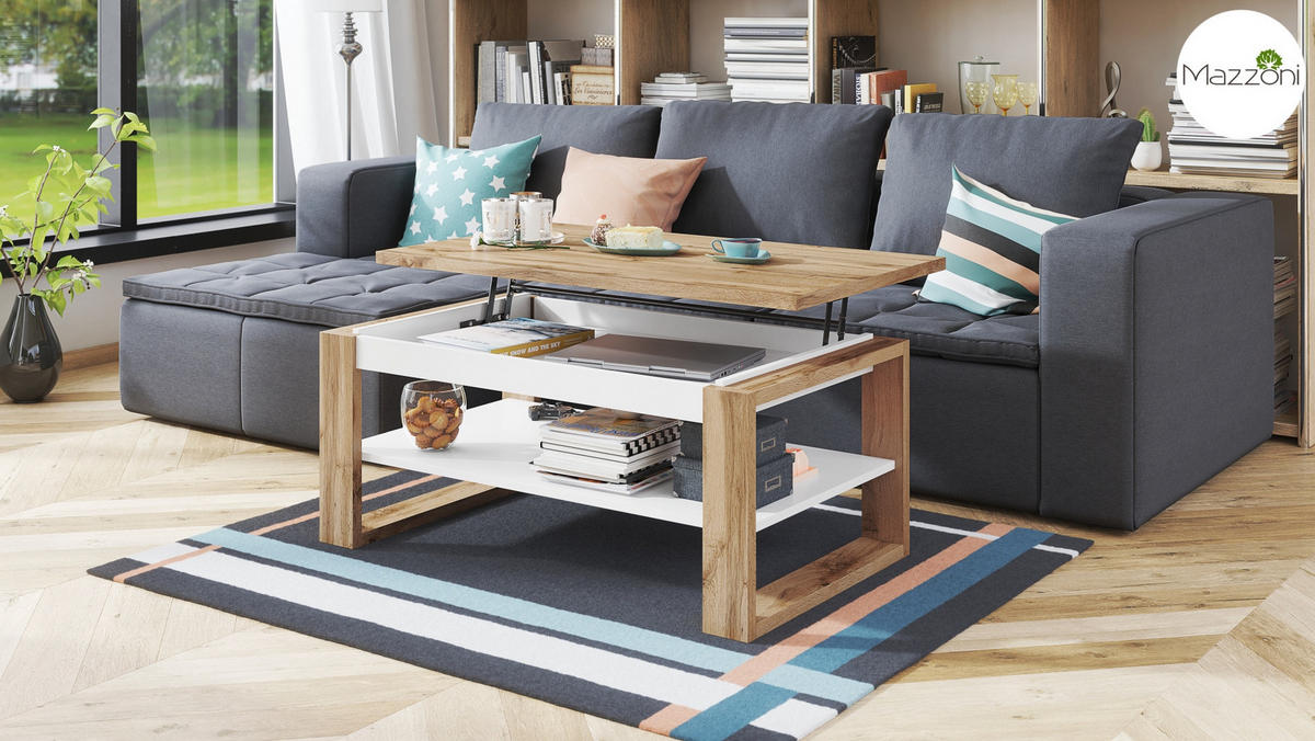 COUCHTISCH rechteckig Eiche Wotan Weiß aufklappbar 110/65/50 cm - Eiche Wotan/Weiß, Holzwerkstoff (65/110/50cm) - designimpex