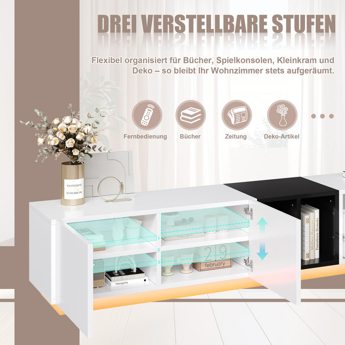 TV-SCHRANK in Schwarz-Weiß mit Schubladen und Fächern 190/40/35 cm - Weiß, Holzwerkstoff (190/35/40cm) - Redom