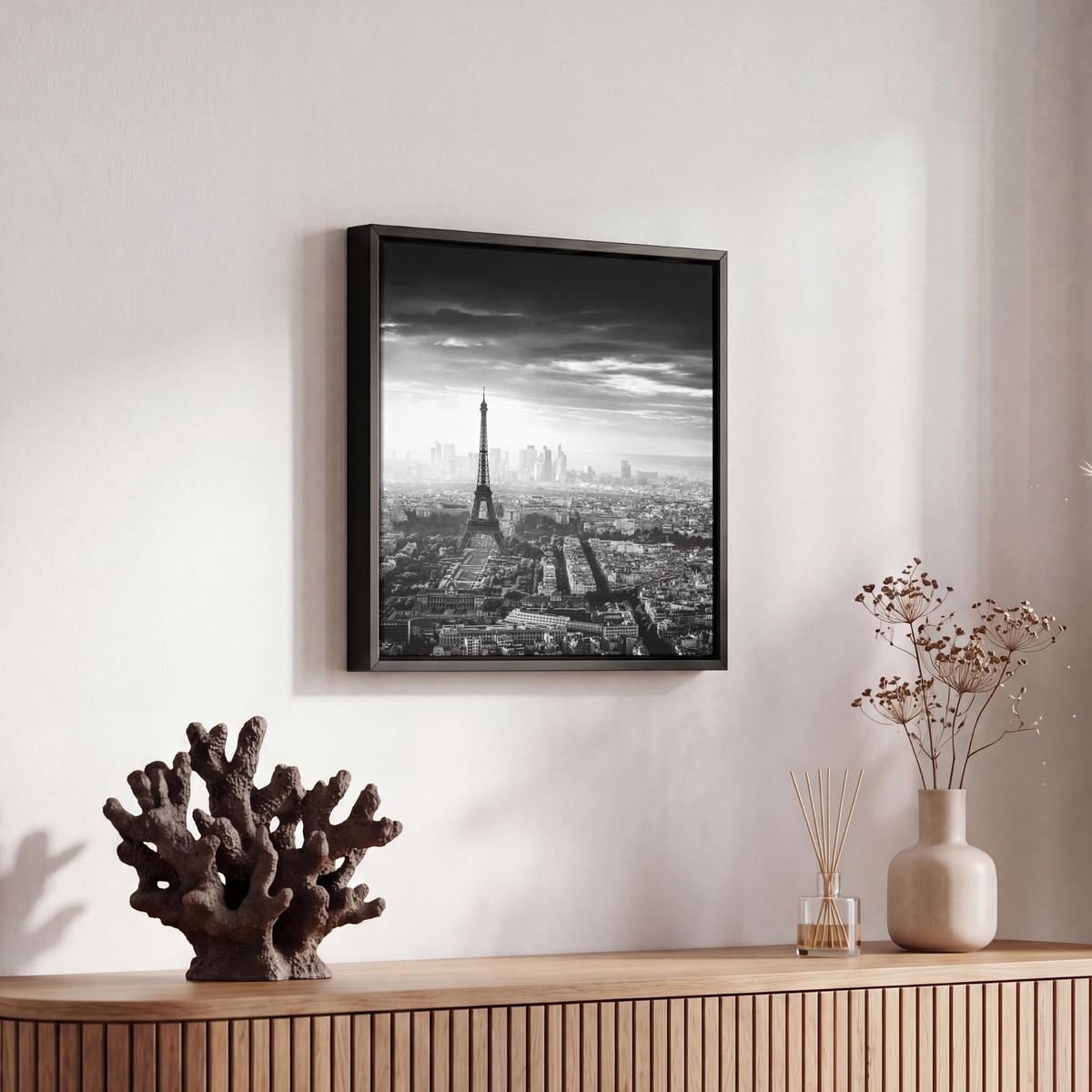 LEINWAND Bilder mit Rahmen - Paris - Skyline - Eiffelturm - Stadt - Wolken - 20x20 - Dunkelgrau, Textil (20/20cm) - MuchoWow