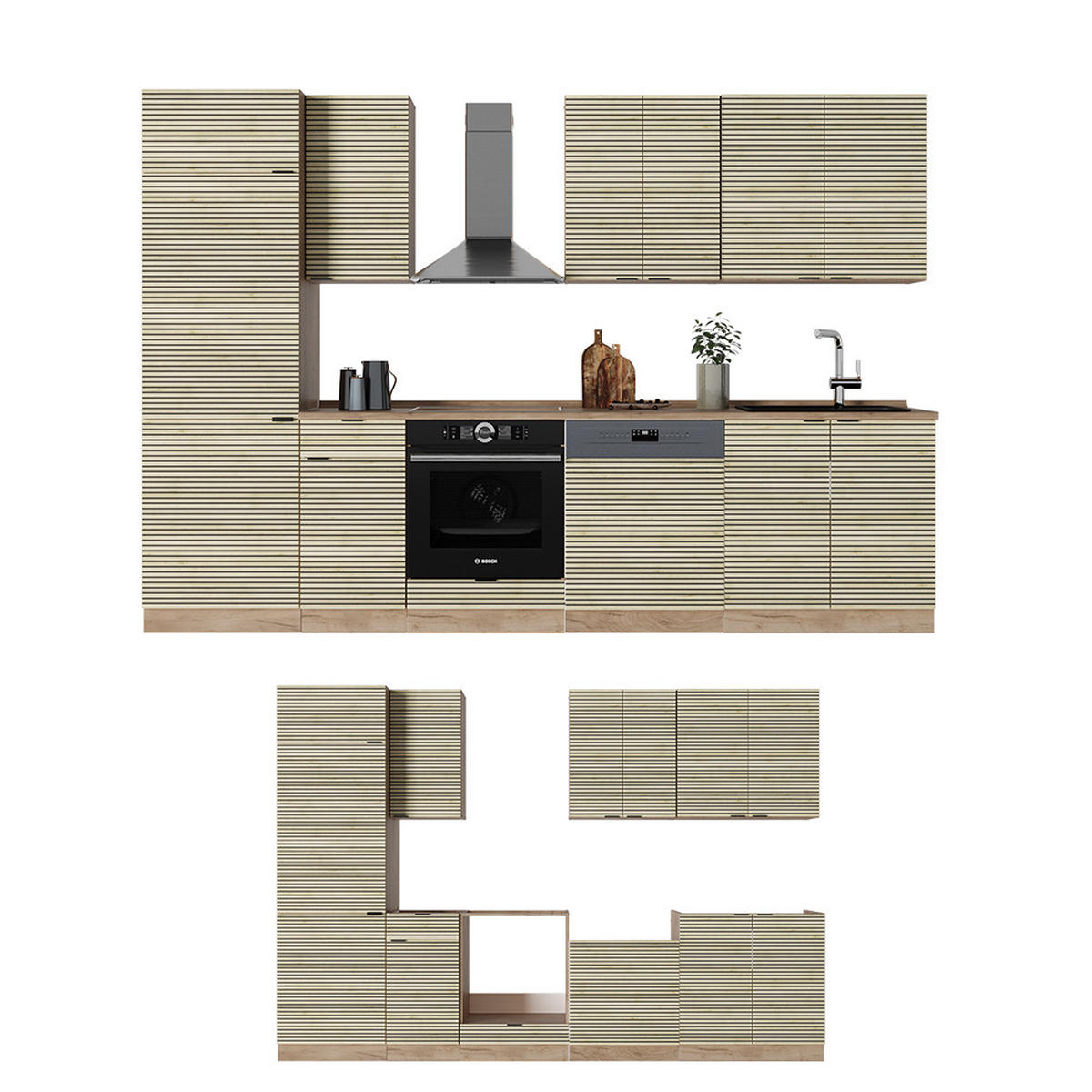 KÜCHENZEILE Fame-Line Eiche Paneel/Goldkraft Eiche 300 cm ohne Arbeitsplatte - Honigeiche/Hellbraun, Holzwerkstoff (300/81.6/46cm) - Vicco
