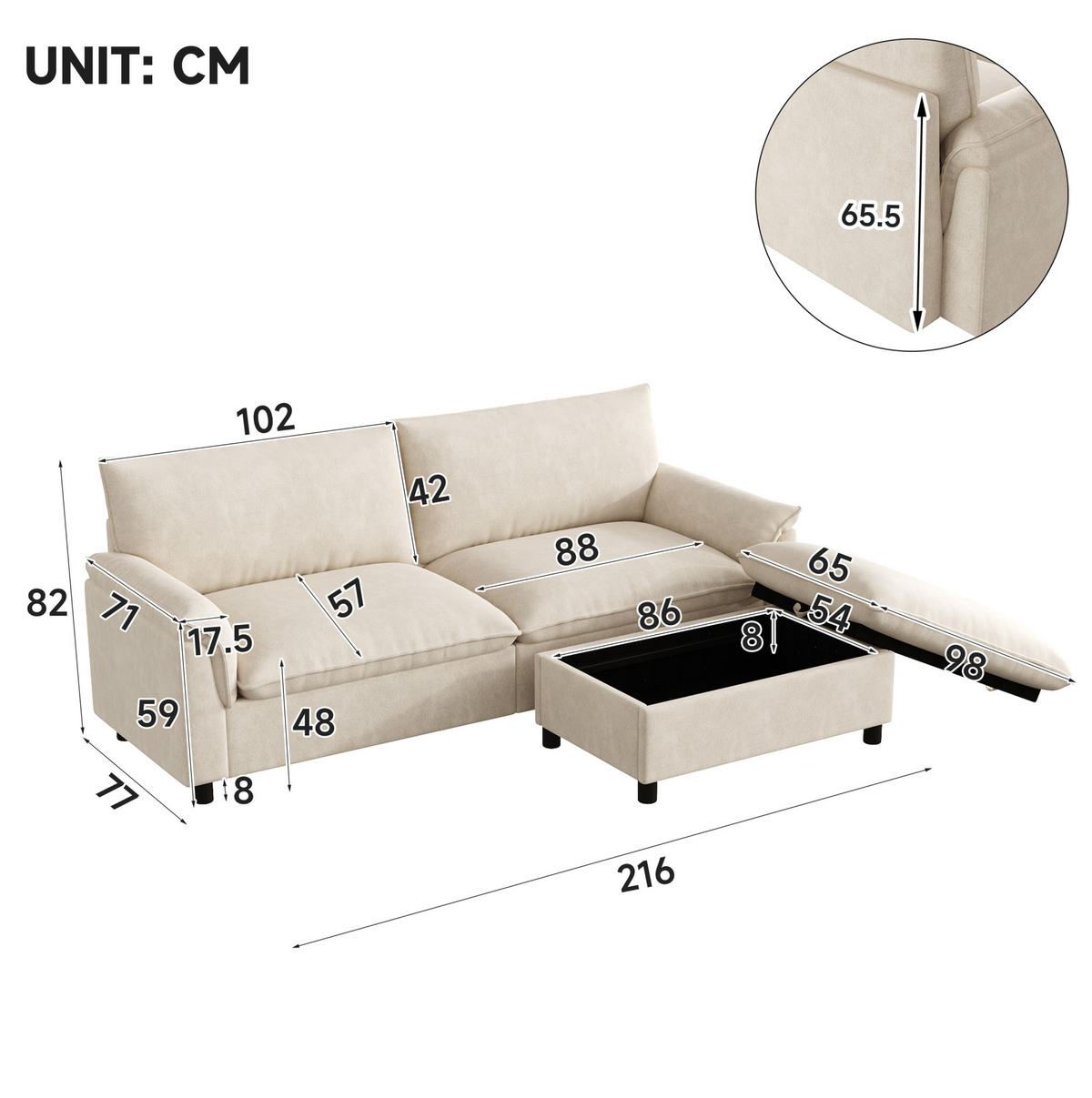 ECKSOFA 216/77/82 cm mit beweglichem Fußhocker, Stauraum und Schlaffunktion, Chenille, Beige - Beige, Textil (216/77cm) - Redom