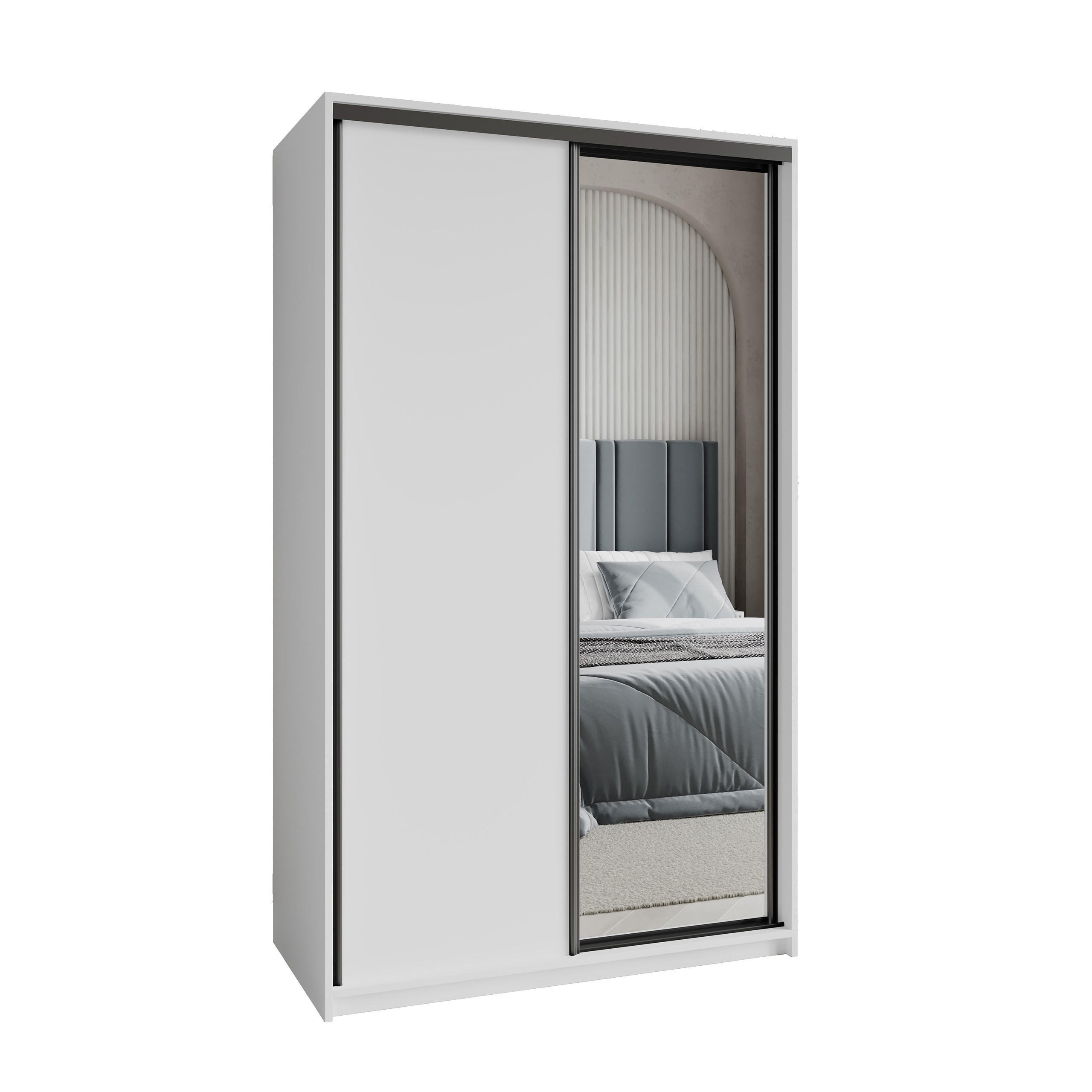 SCHWEBETÜRENSCHRANK TAVI 120/205/60 cm 2-türig mit Spiegel Weiß - Weiß, Holzwerkstoff (120/205/60cm) - MASSENO