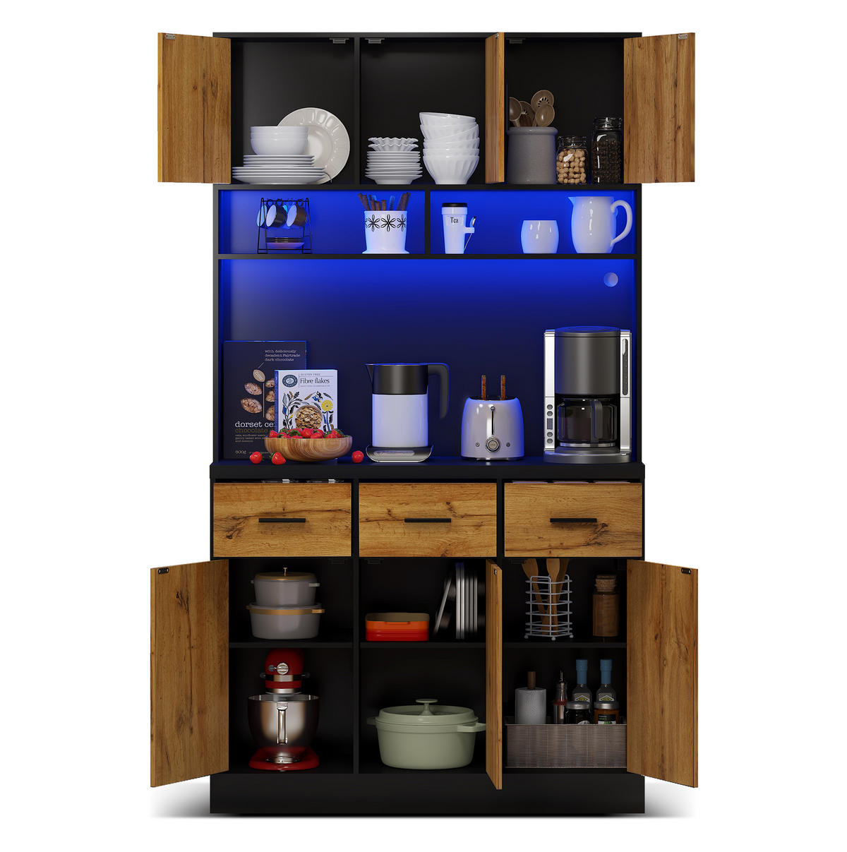KUHINJSKA omara 100/40/180 cm z LED osvetlitvijo, APP upravljanjem, vtičnico in USB priključki, Črna/naravna - naravne barve, leseni material (100/180/40cm) - Redom