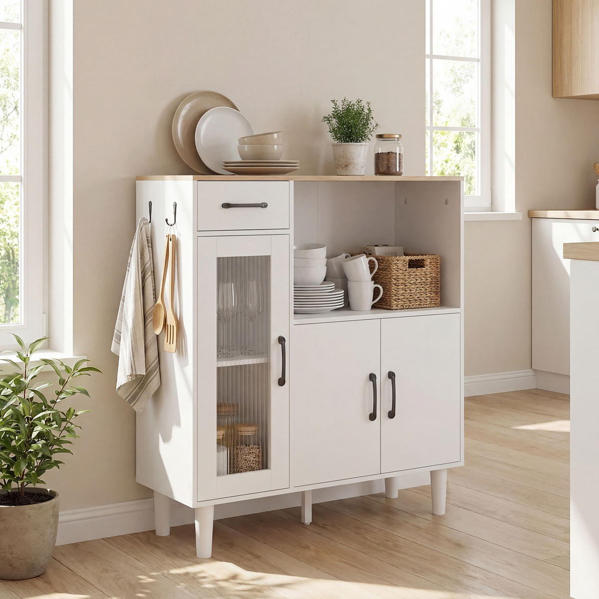 SIDEBOARD DE-08718 80 cm mit geriffelter Acrylglastür Weiß+Eiche - Weiß, Holzwerkstoff (80/91/34cm) - ComfortXL