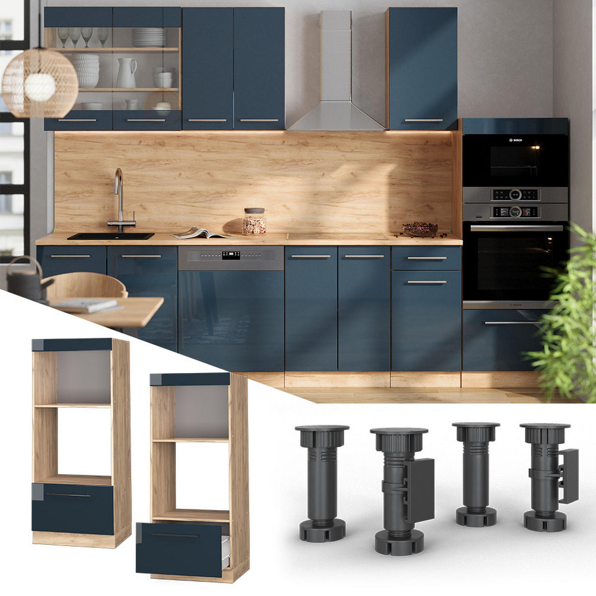 MIKROWELLENSCHRANK Fame-Line Dunkelblau Hochglanz 60 cm offen - Honigeiche/Eiche Wotan, Holzwerkstoff (60/153.6/58.1cm) - Vicco