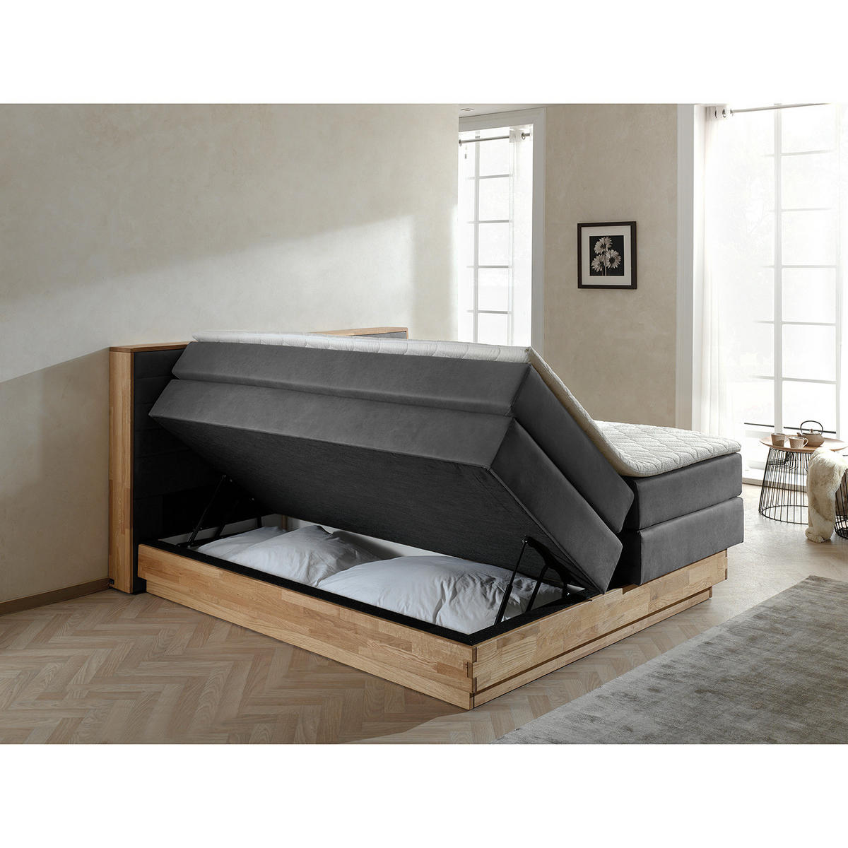 BOXSPRINGBETT - Massivholz / Textil / Teilmassivholz - Grau, Holz/Textil (180/200cm) - home24