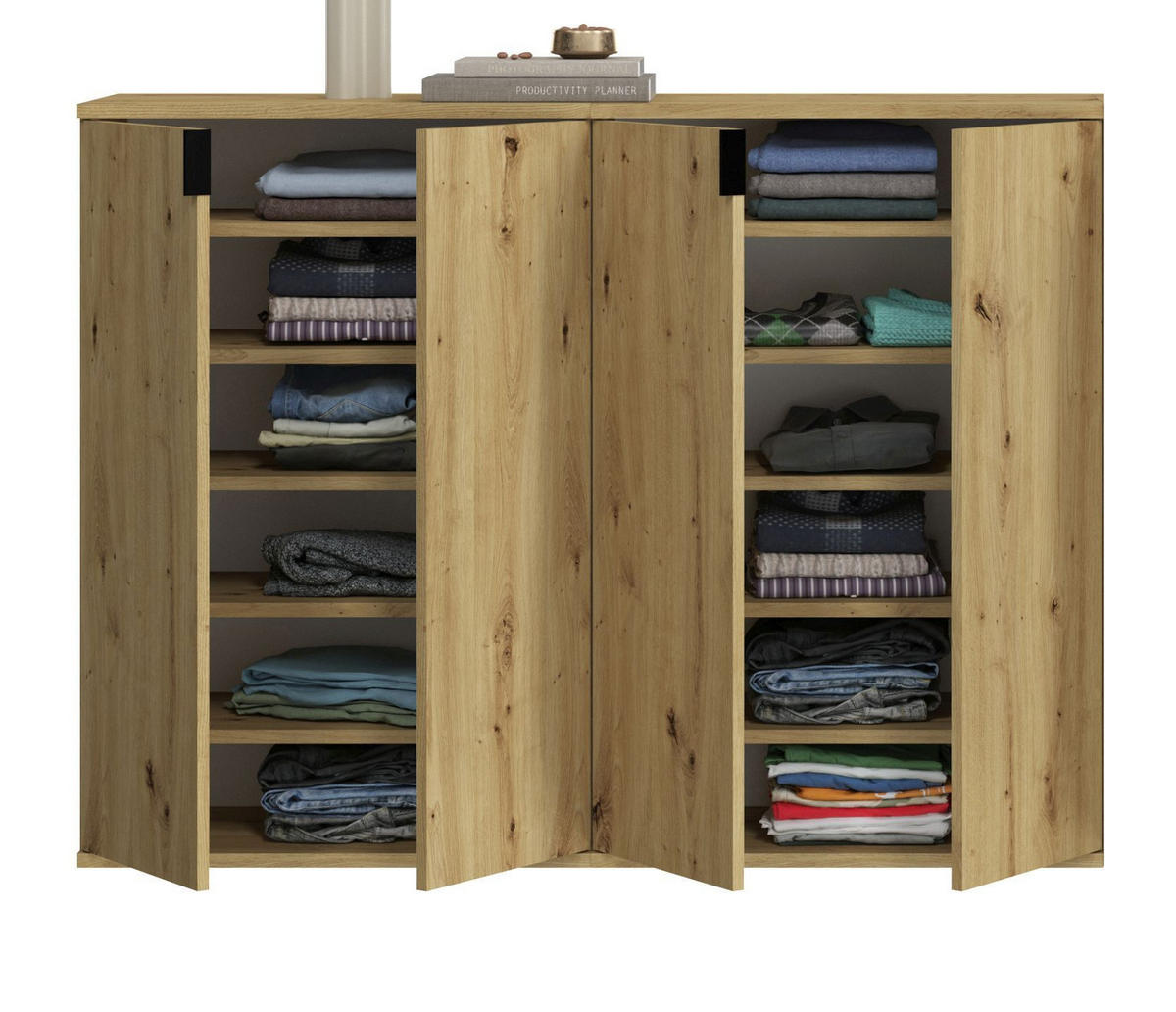 KOMMODE Eiche Artisan 122 cm, Schuhschrank mit 12 Fächern - Schwarz/Eiche Artisan, Holzwerkstoff/Metall (122/99/34cm) - Inn.Furn