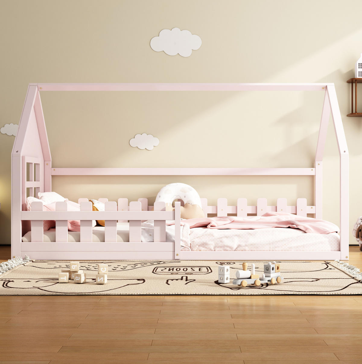 KINDERBETT 90/200 cm in Hausform aus Kiefer und MDF – Rosa - Rosa, Holz (90/200cm) - BEAOK
