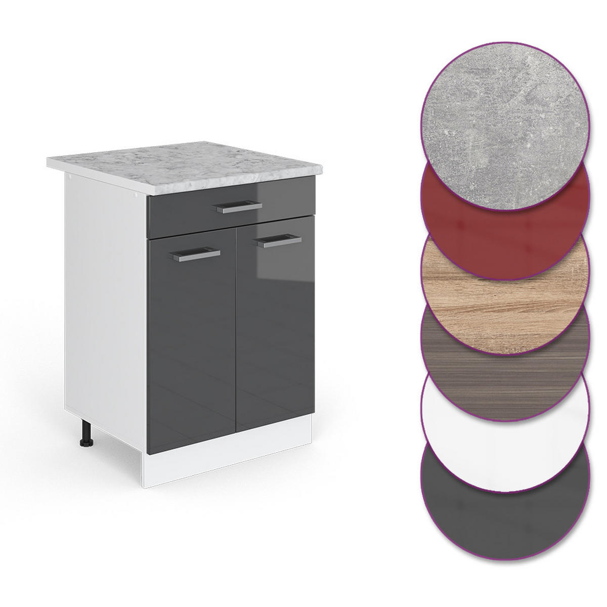 KÜCHENUNTERSCHRANK R-Line Anthrazit Hochglanz 60 cm mit Schublade AP Marmor - Schwarz Hochglanz/Anthrazit, Holzwerkstoff (60/81.6/60cm) - Vicco