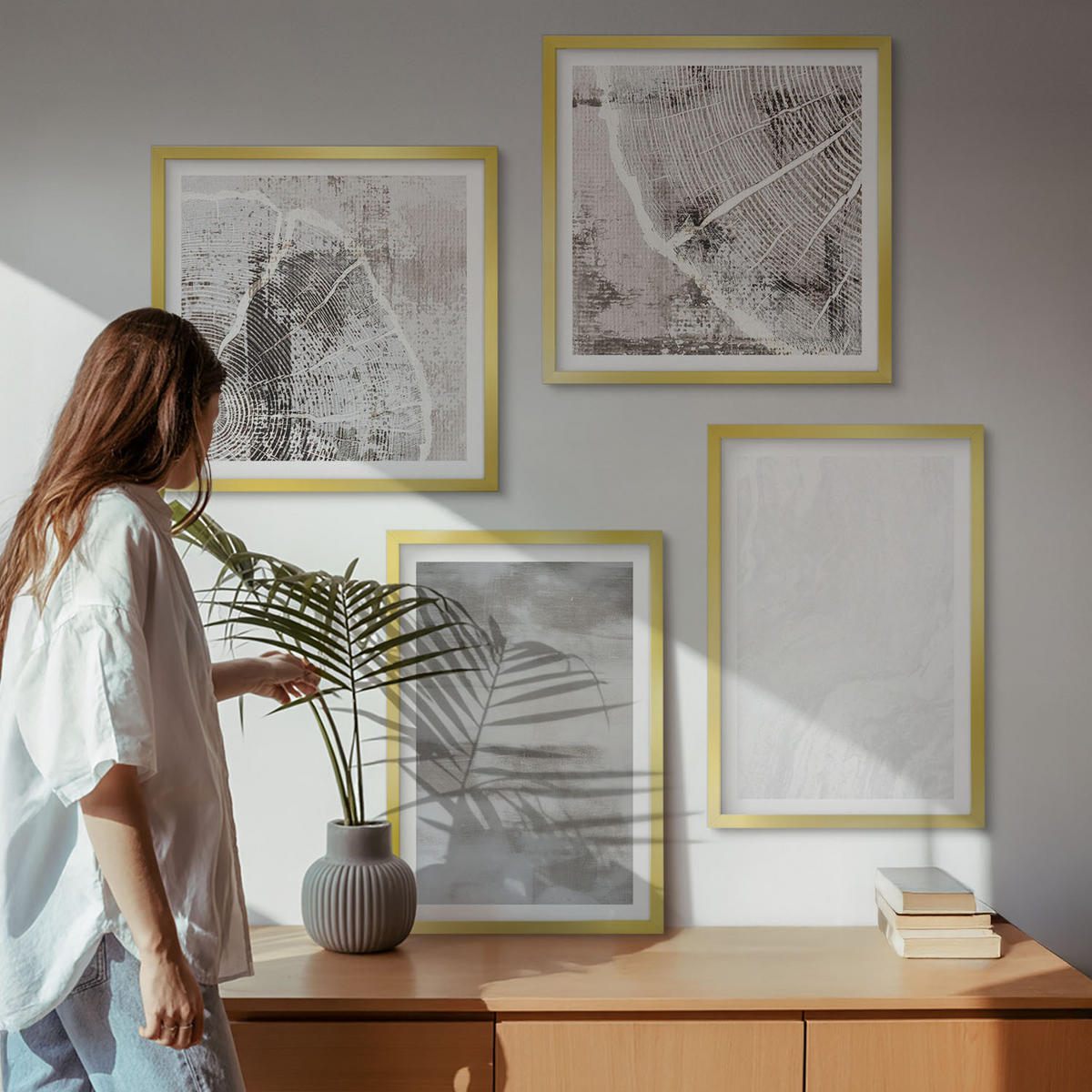 BILDER SET 4er Set - 50x50 cm & 40x60 cm Goldrahmen - Abstrakte moderne Formen - Goldfarben, Kunststoff (50/50cm) - TULUP