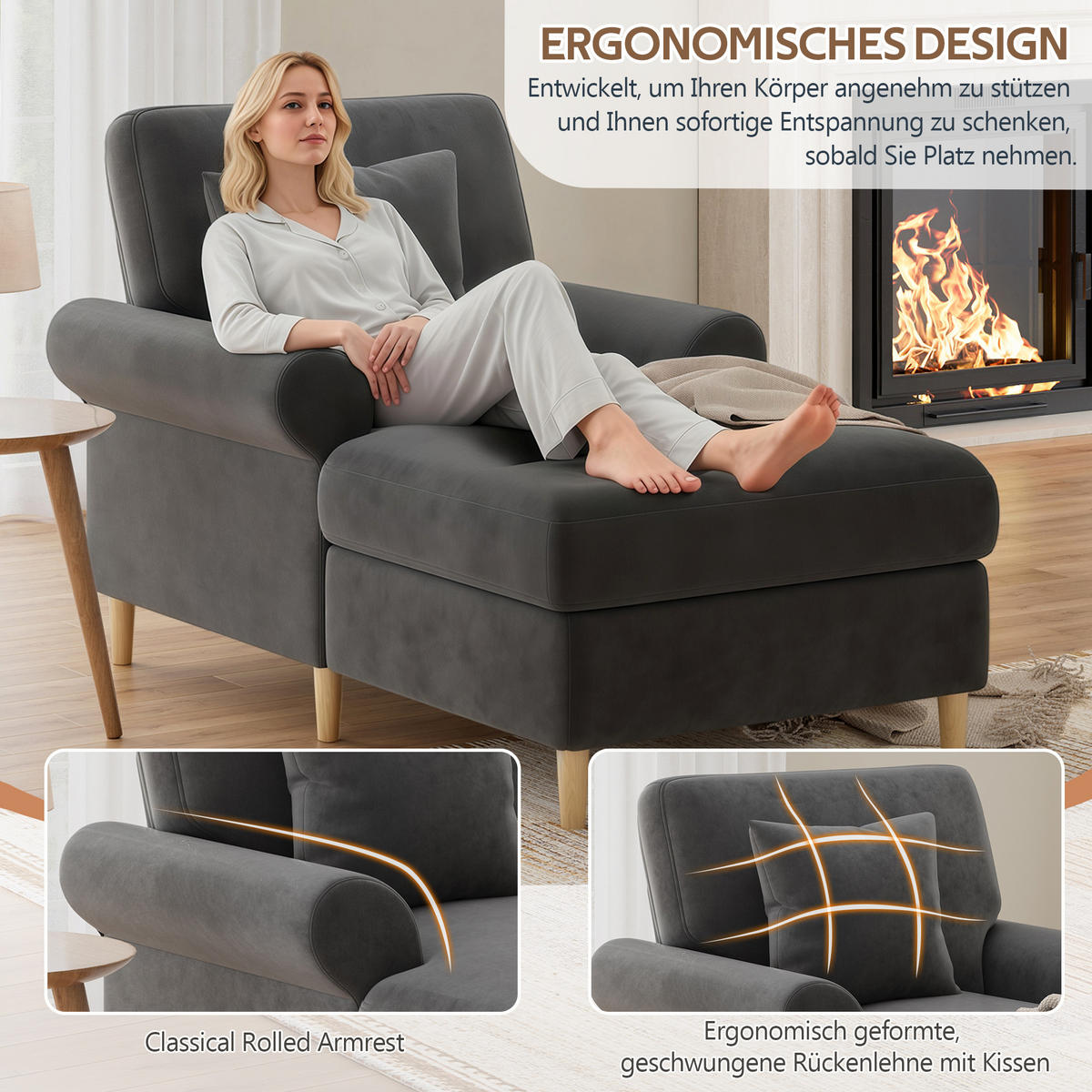 RELAXSESSEL Samt mit Liegefunktion 133/87/90 cm Grau inklusive Kissen - Grau, Kunststoff/Textil (87/90/133cm) - Redom