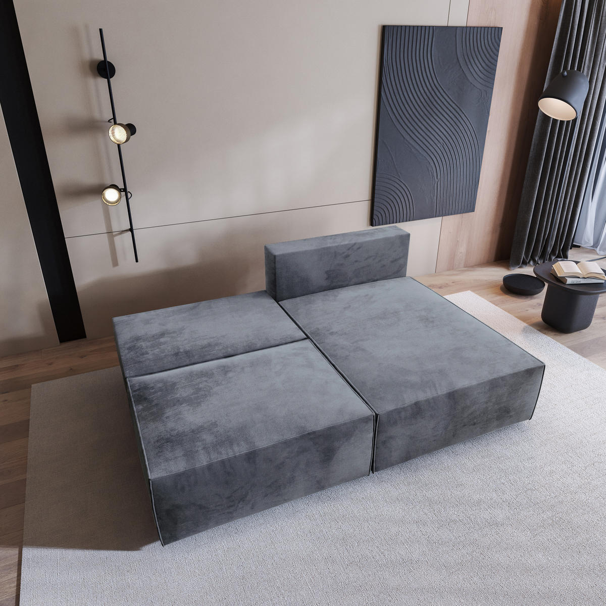 ECKSOFA FIORO M Grau Velours-Stoff mit Schlaffunktion - Grau, Holz (204/148cm) - MASSENO