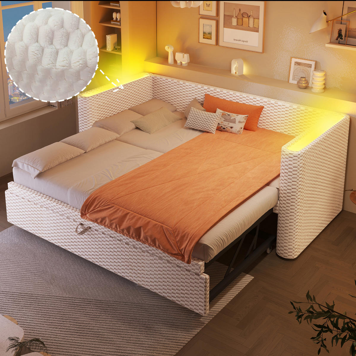 TAGESBETT mit Ausziehfunktion 90x200/180x200 cm Samt Beige - Beige, Metall (90/200cm) - Meubliv
