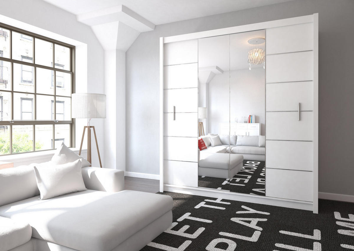 SCHWEBETÜRENSCHRANK KAYLE 203/215/61 cm 2-türig mit Spiegel Weiß - Weiß, Holzwerkstoff (203/215/61cm) - MASSENO