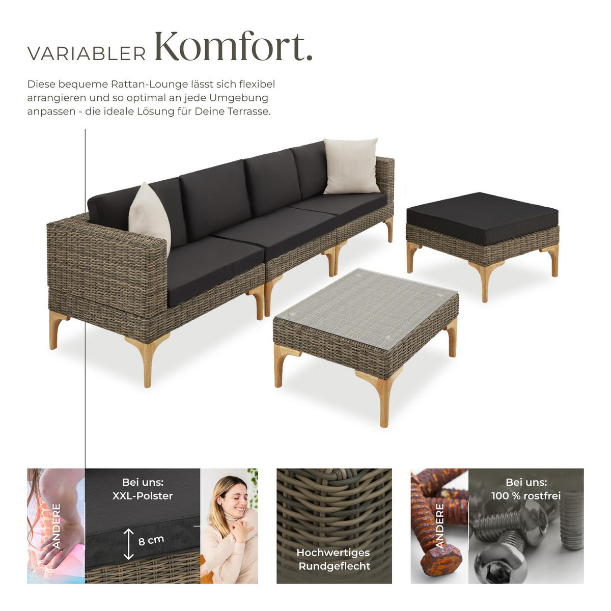 RATTANLOUNGE Konstanza, mit Sicherheitsglasplatte, natur - Naturfarben, Kunststoff/Metall - tectake