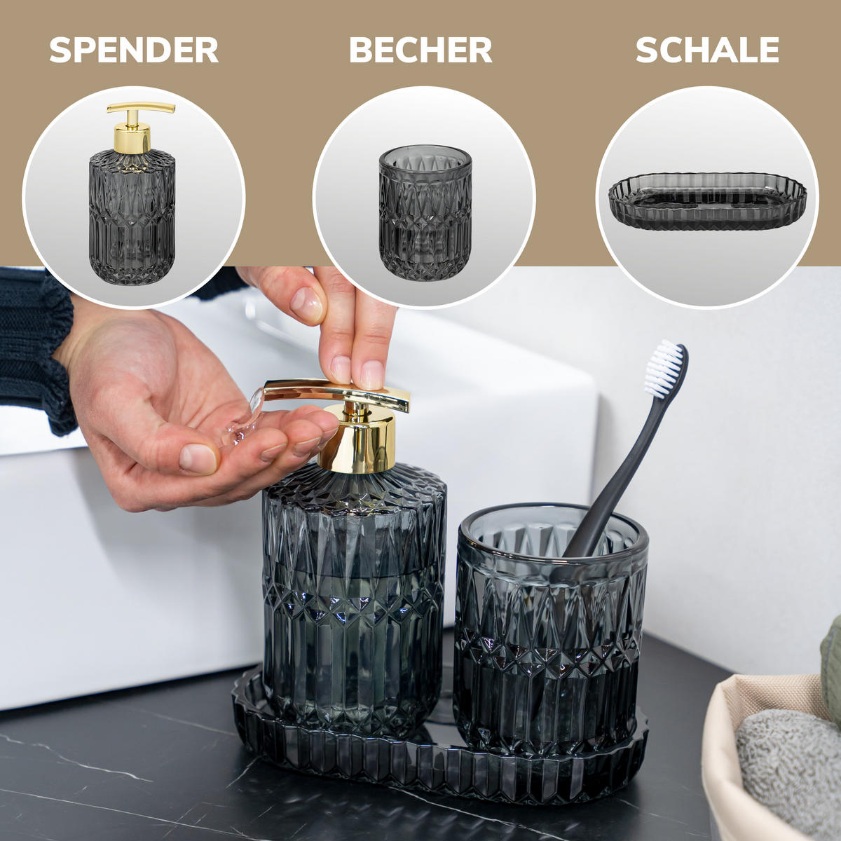 BADEZIMMER-SET BURANO 3tlg. schwarz, Glas - Schwarz, Glas (18.5/2.5/10cm) - eluno