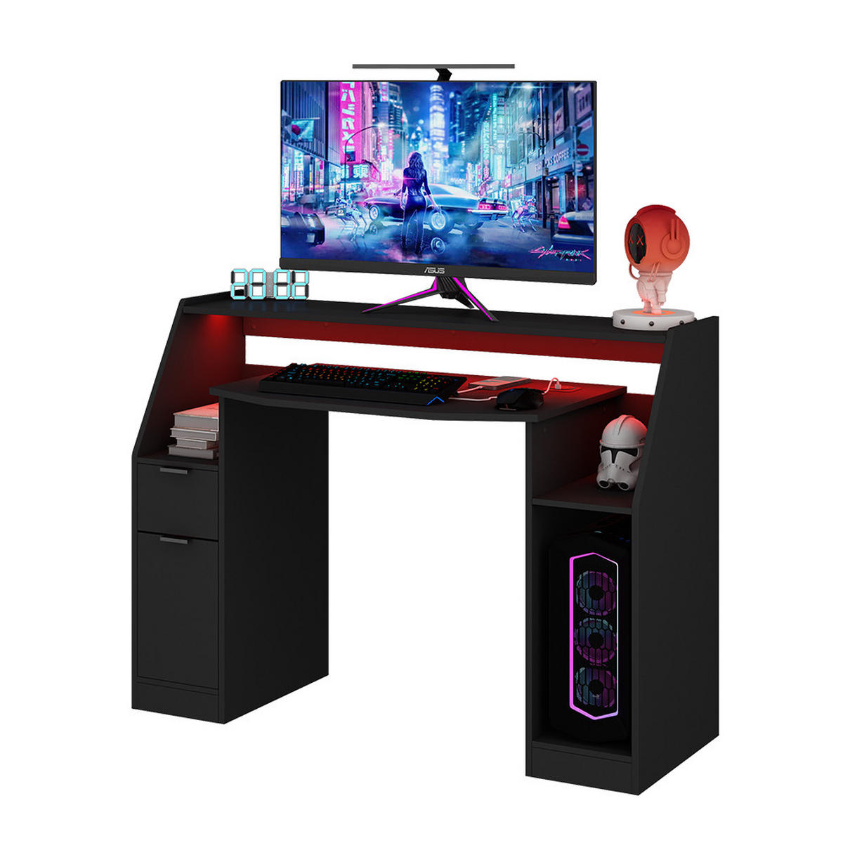 GAMING-TISCH Tails Schwarz 123 x 45 cm mit LED & QI - Schwarz, Holzwerkstoff (45/123/90.5cm) - Vicco