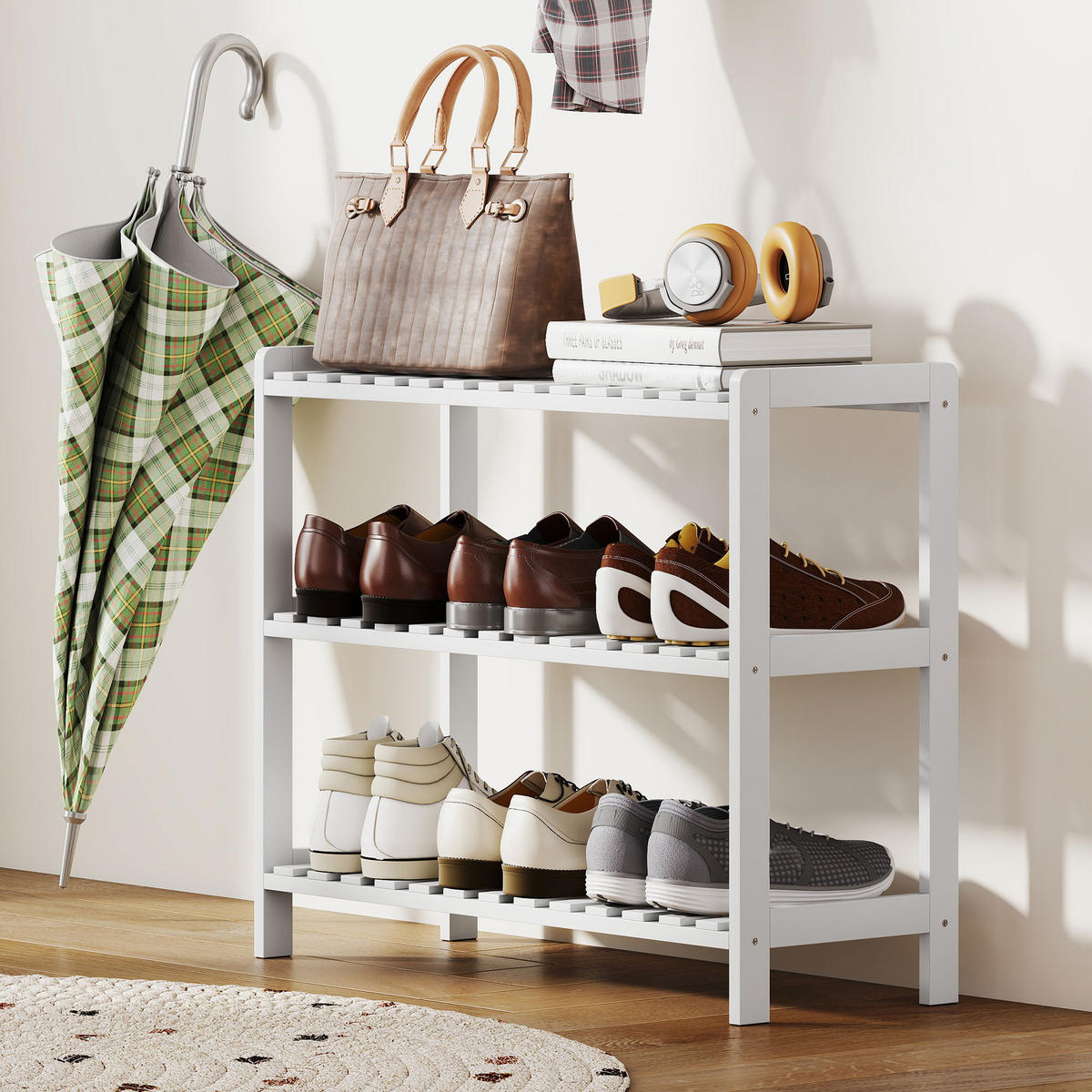 SCHUHREGAL Weiß Kiefernholz MDF offen 3 Ebenen 1 Stück - Weiß, Holz (70/57.5/26cm) - PANGIVO