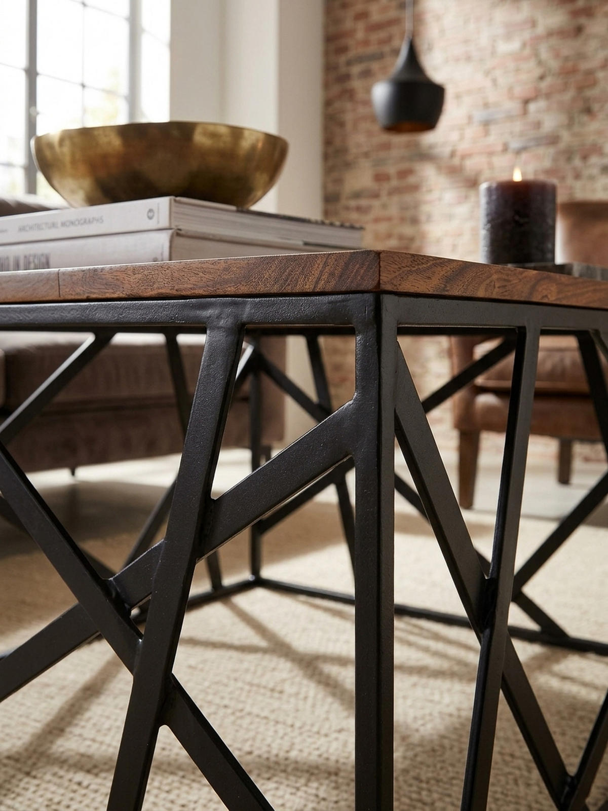 COUCHTISCH Industrial Stil, Sheesham Holz, Schwarzes Metallgestell, 60x60 cm - Schwarz/Braun, Holz/Metall (60/60/35cm) - KADIMA DESIGN