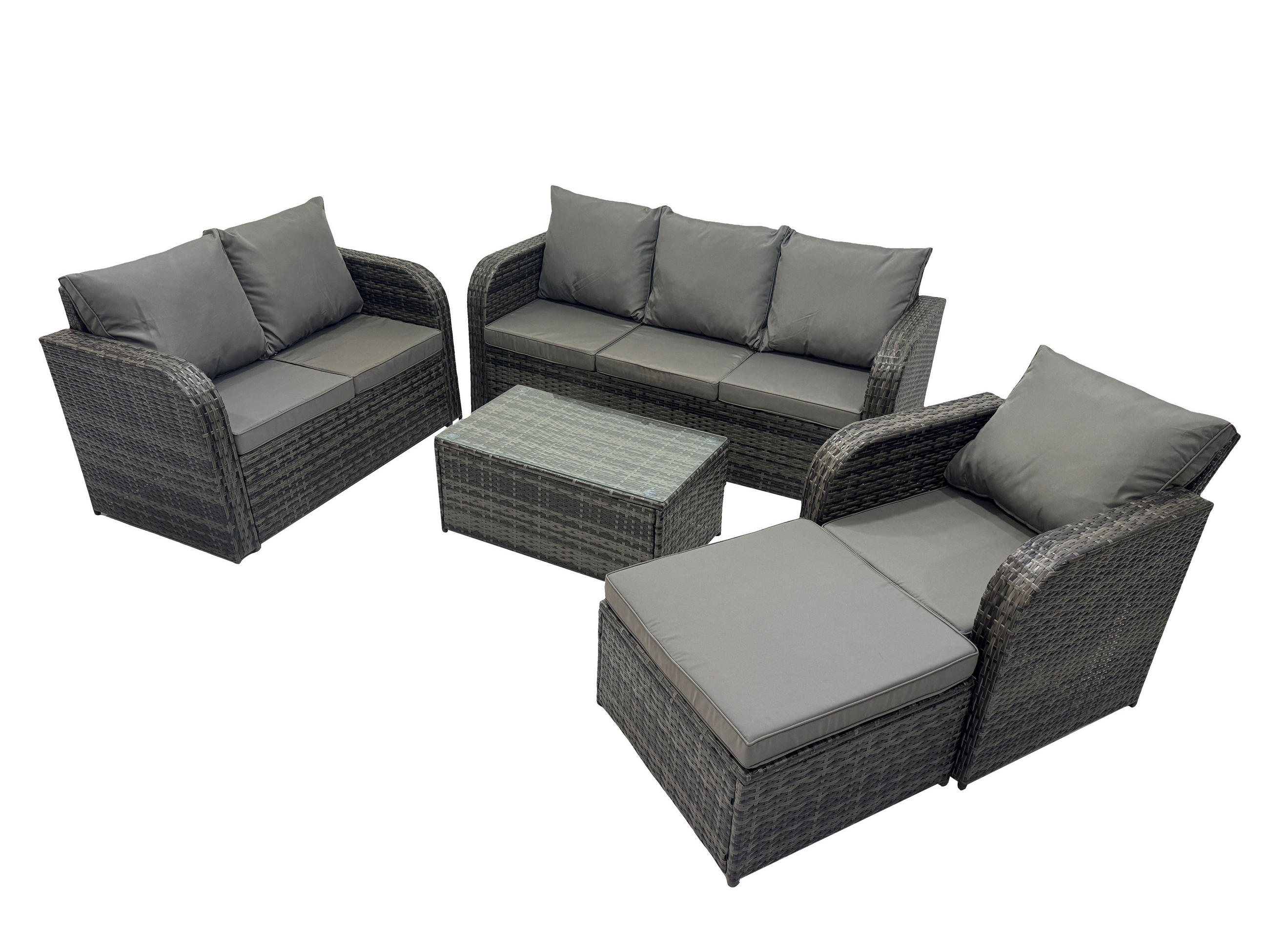 GARTENSET Polyrattan Dunkelgrau 7-Sitzer - Dunkelgrau/Grau, Glas/Kunststoff - Fimous