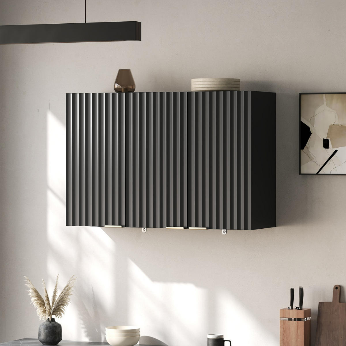 HÄNGESCHRANK DE-38748 90/29/60 cm 3 Türen und Wellenstruktur Schwarz - Schwarz, Holzwerkstoff (90/60/29cm) - ComfortXL