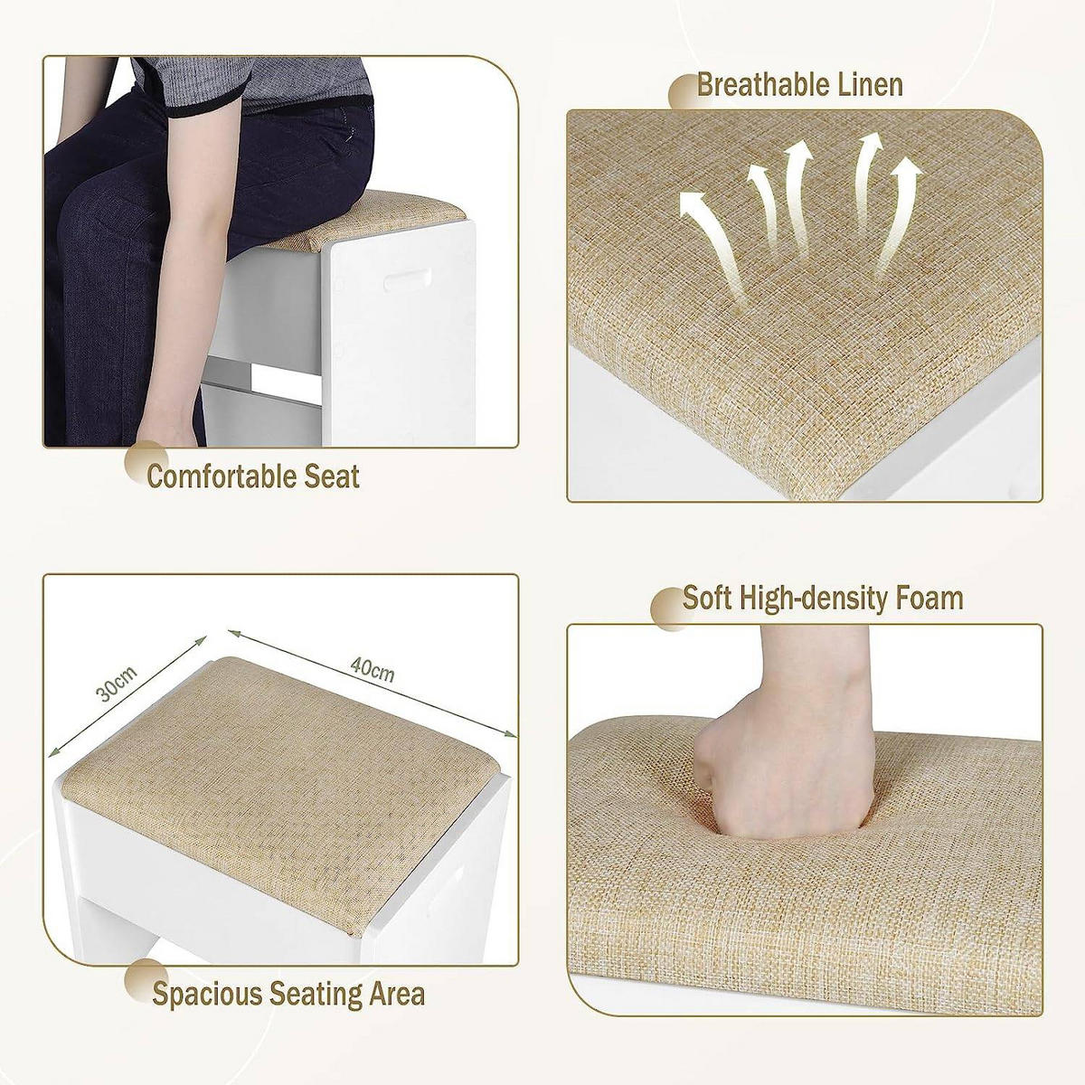 SCHMINKHOCKER mit Leinenbezug, 150 kg belastbar, Holz, Weiß Beige - Beige/Weiß, Holzwerkstoff/Textil (40/45/30cm) - Woltu