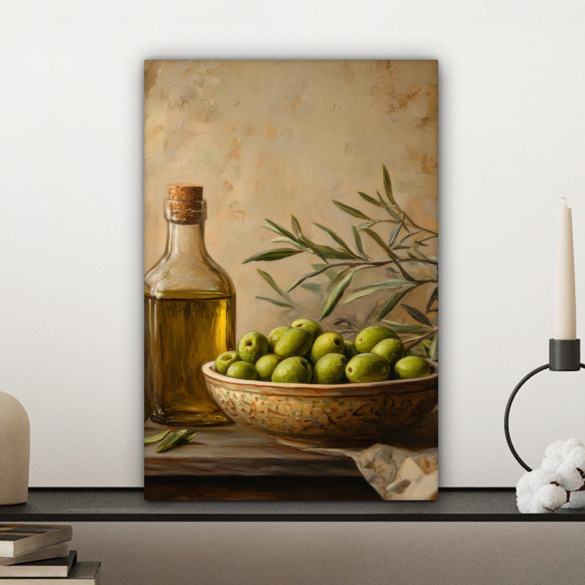 LEINWANDBILD Oliven - Stilleben - Vintage Deko Wohnzimmer 20x30 cm - Olivgrün, Textil (20/30cm) - MuchoWow