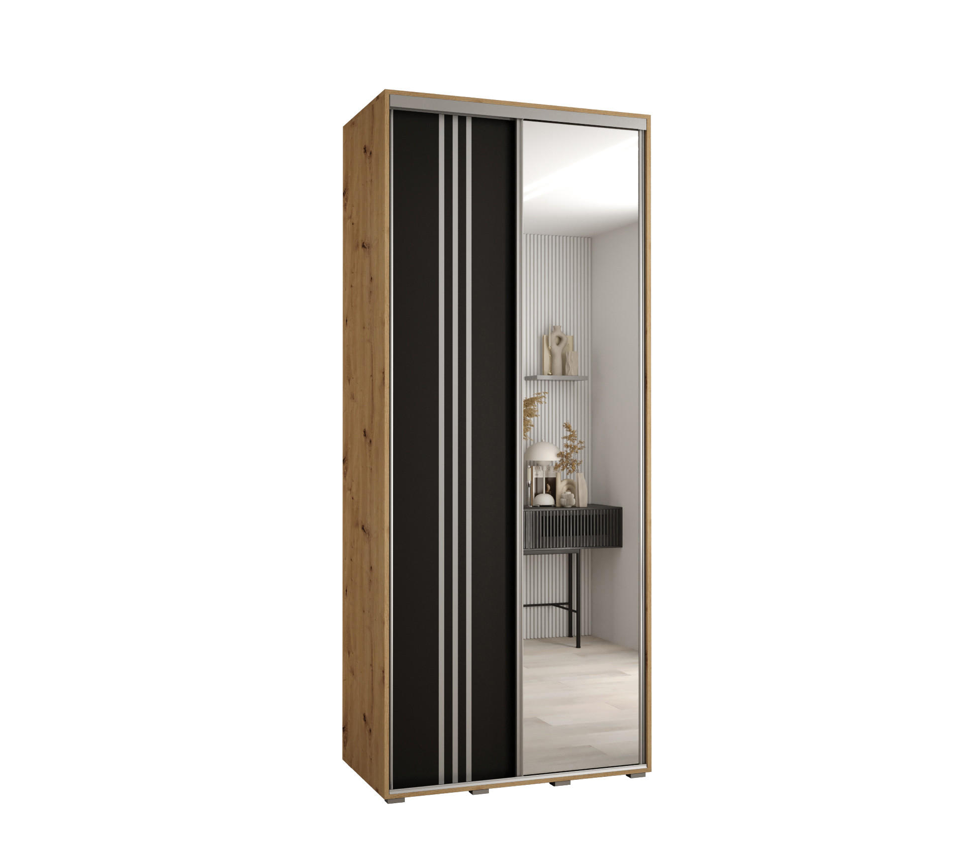 Abiks Möbel Schwebetürenschrank Eiche Artisan, Schwarz, Silber 120x235x60 cm