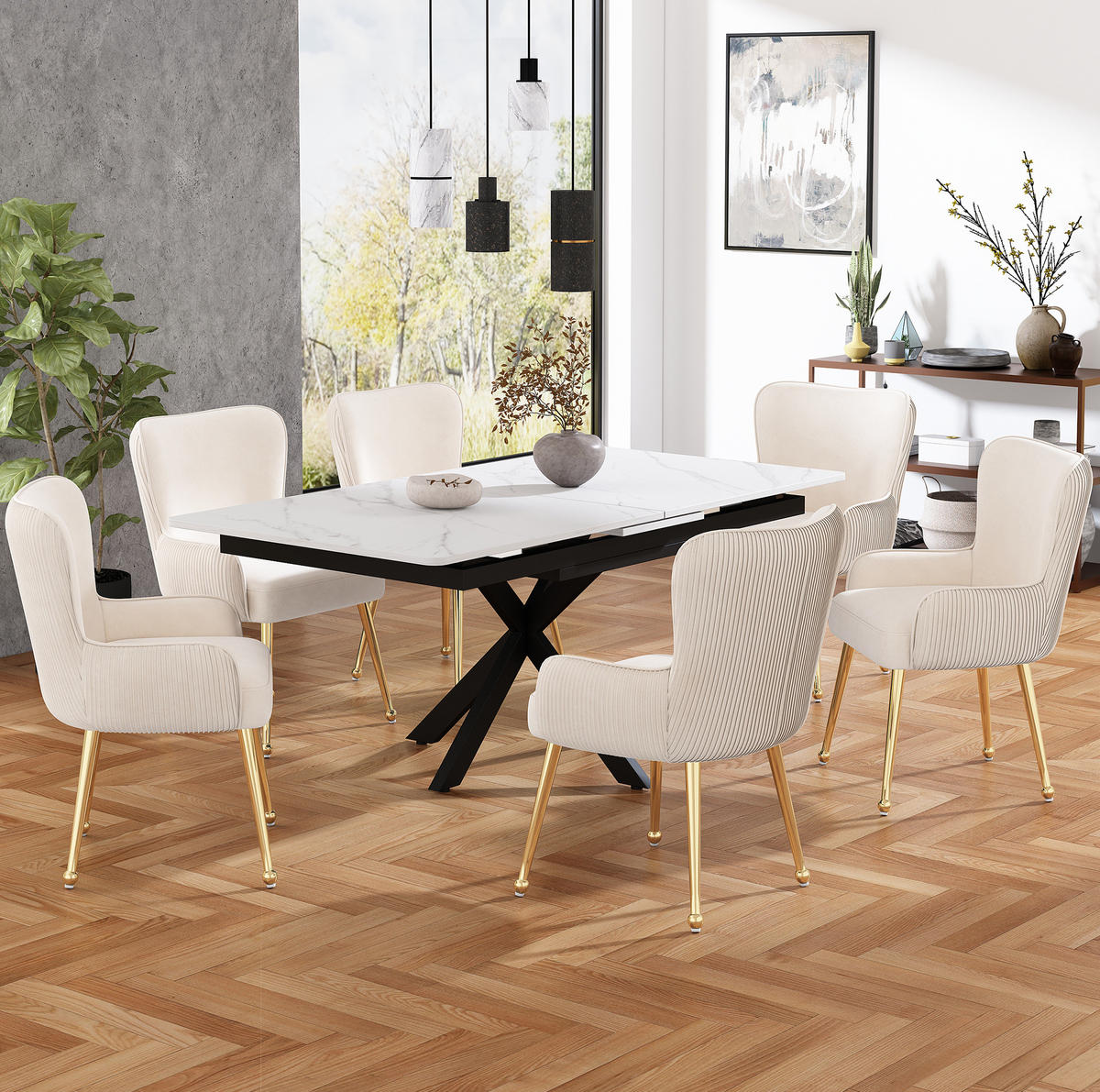 ESSZIMMERSTUHL 4er-Set mit Armlehnen Samt Beige/Gold - Beige, Metall (47.5/83/57.1cm) - Meubliv