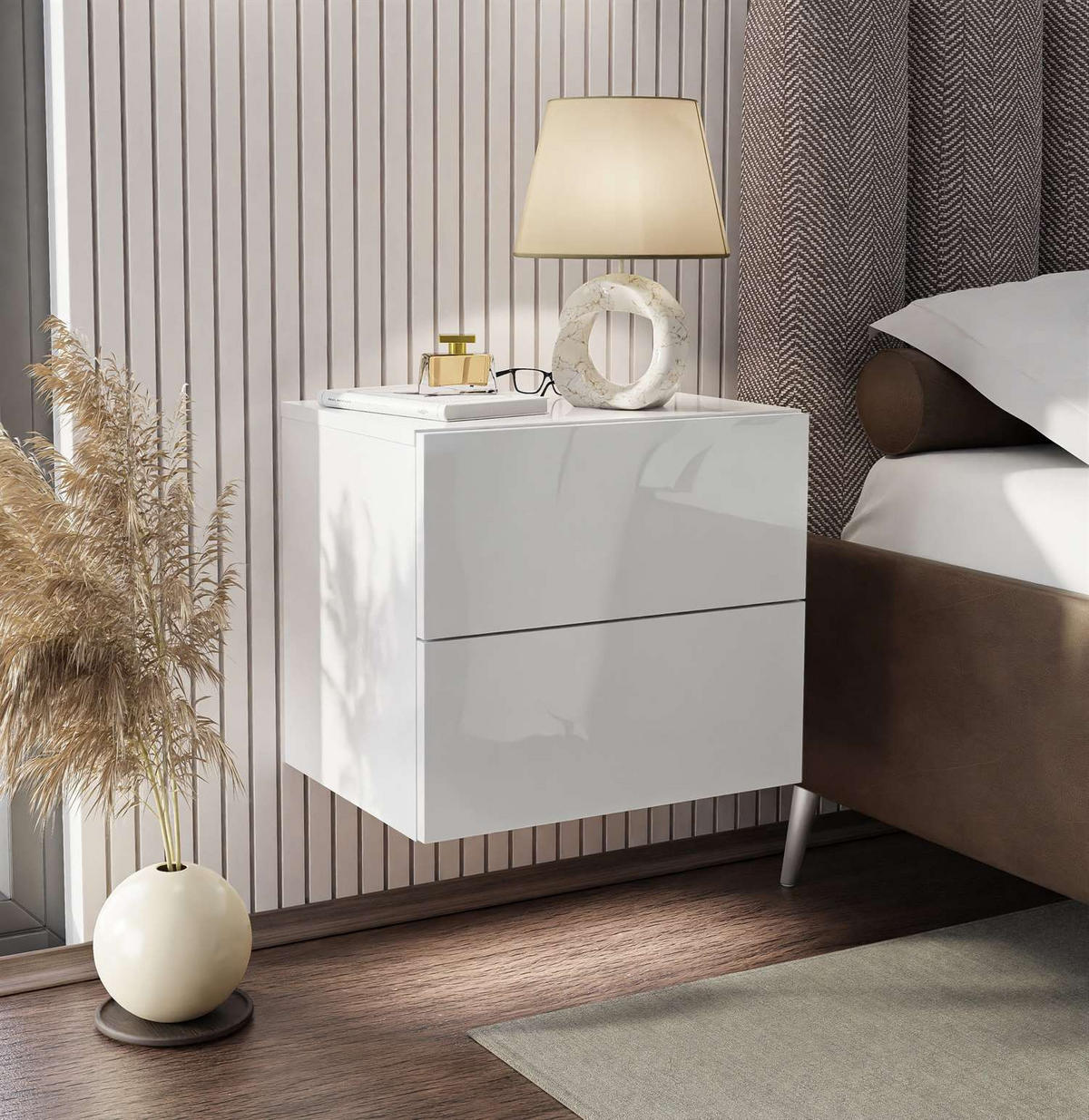 NACHTTISCH LINA LUX hängend mit Hochglanzplatte, Push Open - Weiß, Holzwerkstoff (45/42/39cm) - Lookway