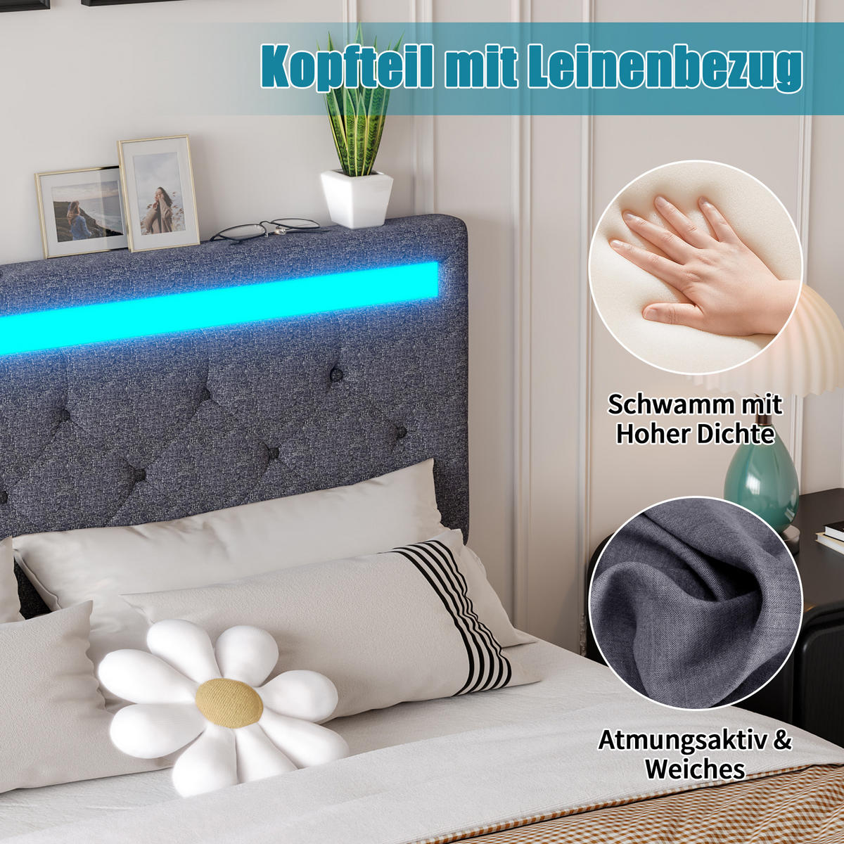 POLSTERBETT 180/200 cm, in Grau Leinenoptik Stoff, Bettkasten, Gepolstertes Kopfteil mit LED-Beleuchtung USB, 4 Metall-Stauraumschubladen - Dunkelgrau, Textil/Metall (180/200cm) - BPKADHY