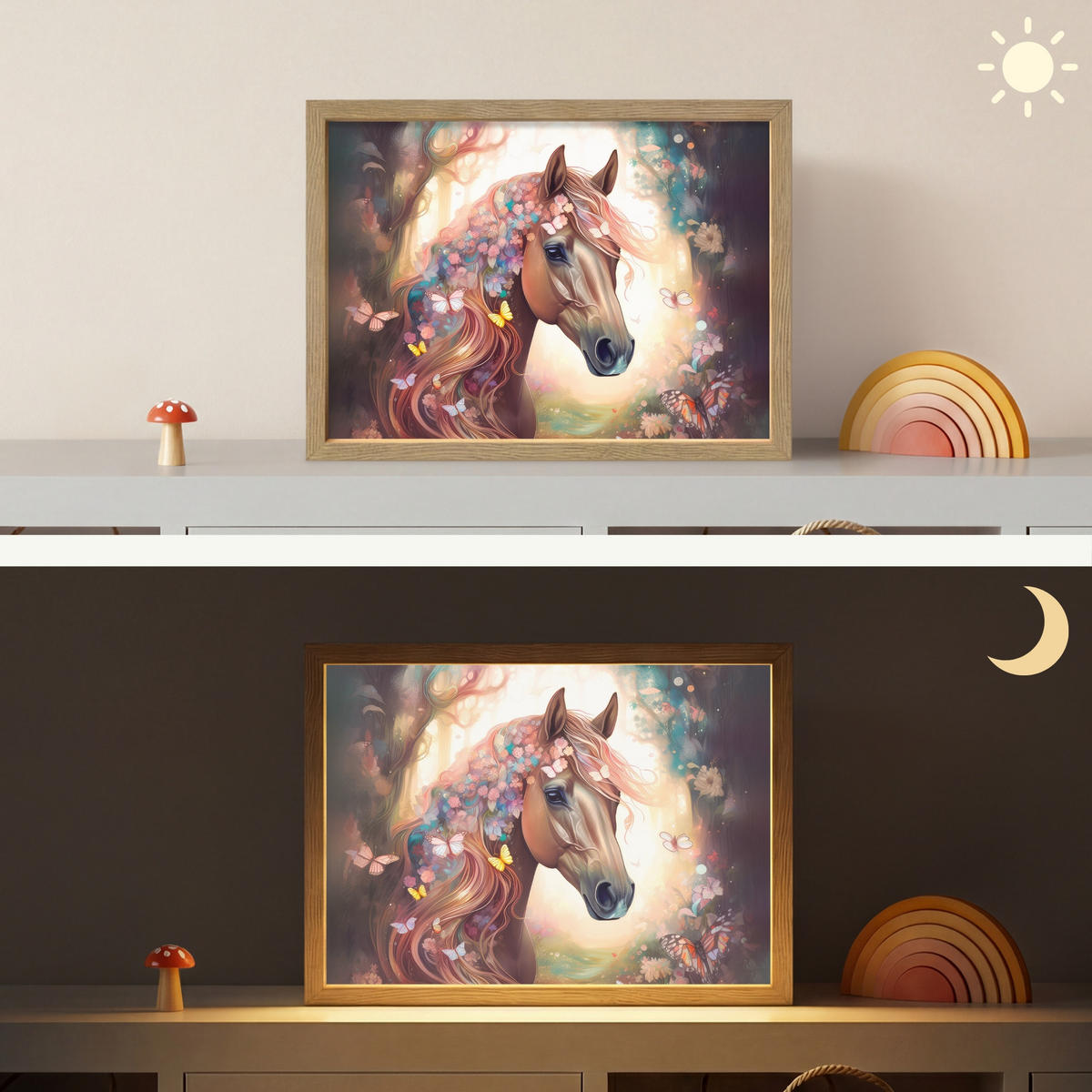 NÁSTĚNNÁ LAMPA S AKUMULÁTOREM Kůň - Příroda - Květiny - Motýli - Les 40x30 cm - tmavě hnědá, kompozitní dřevo (40/30/8cm) - OnlyWow