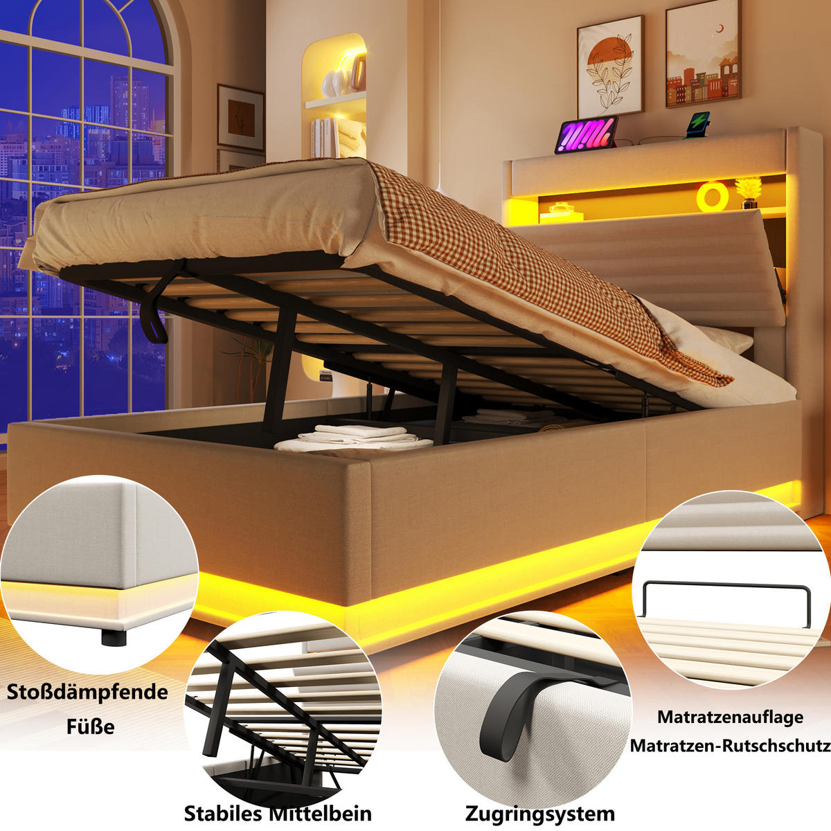 POLSTERBETT 90/200 cm Beige mit USB-Typ-C-Anschluss, LED-Beleuchtung und Ablagefach - Beige, Textil (90/200cm) - Oxeza