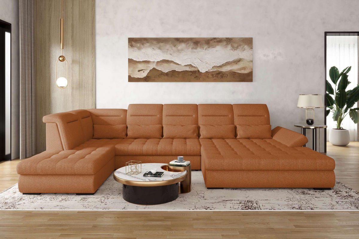 WOHNLANDSCHAFT Toscana Strukturstoff inkl. Schlaffunktion - Rostfarben, Textil (358/87/208cm) - 99rooms