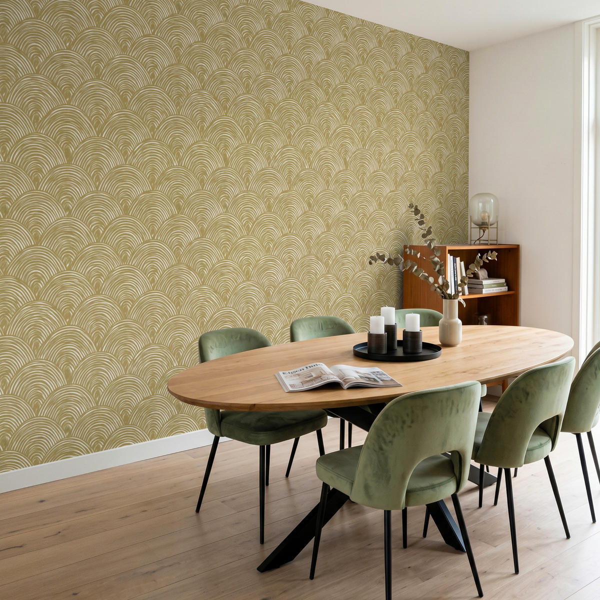 TAPETE - Fächer - Geometrisch - Grün - 300x200 cm - Goldfarben, Papier (300/200cm) - OnlyWow