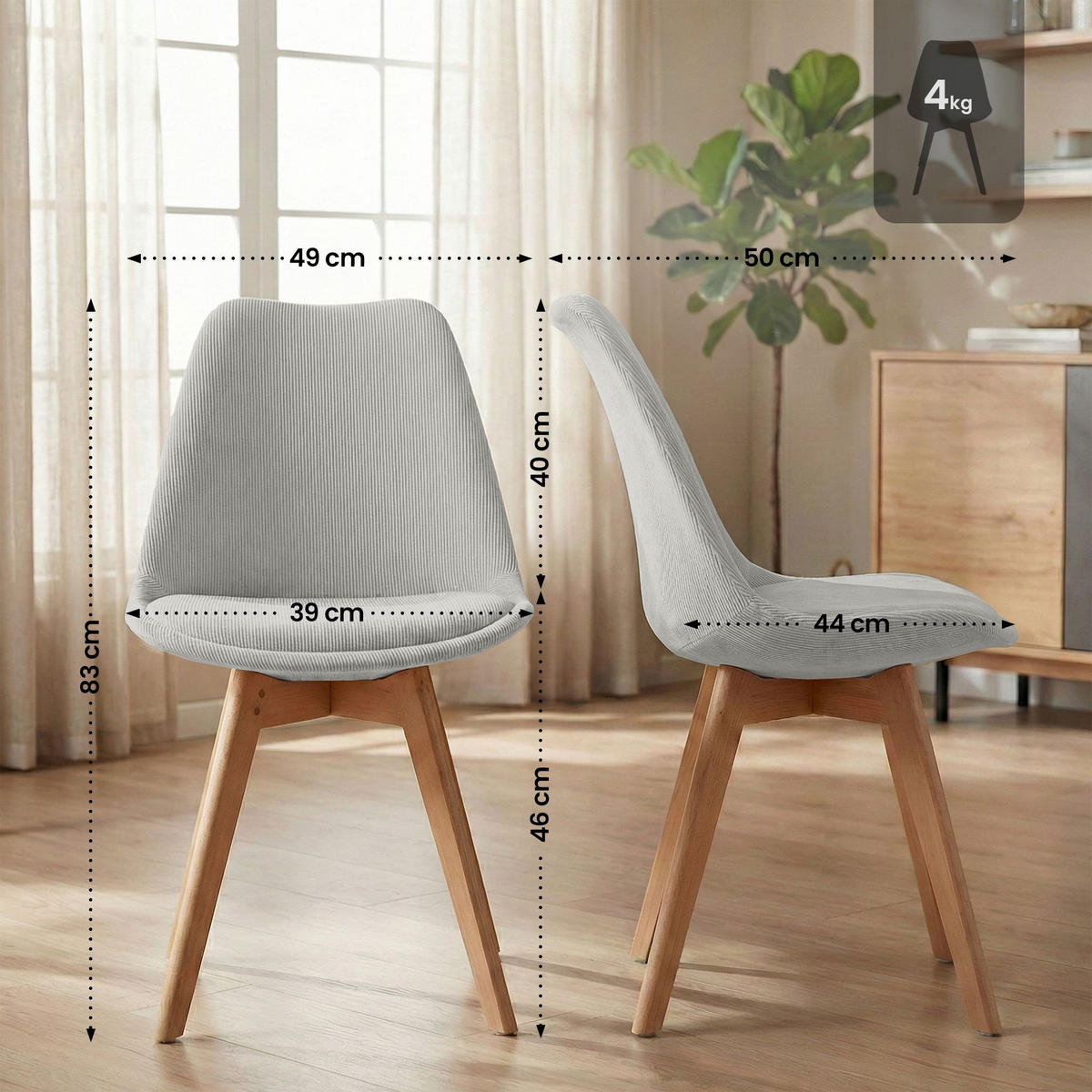 STUHL 4 Cord Grau - Eukalyptusholzfarben/Grau, Holz/Textil (49/83/50cm) - CLP