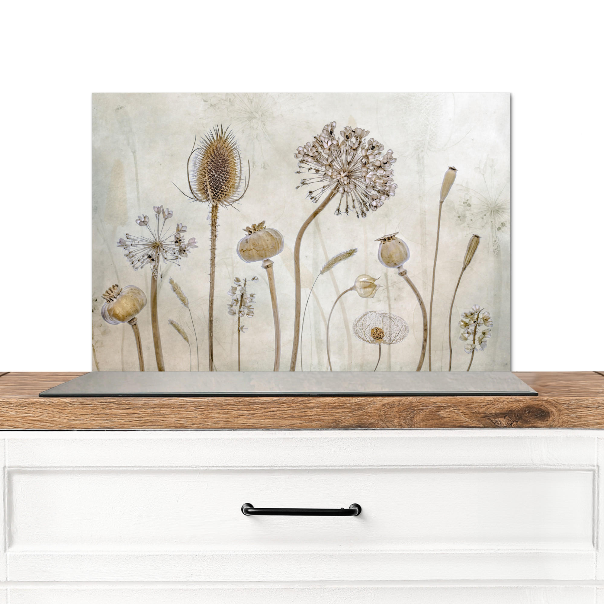 SPRITZSCHUTZ KÜCHE Blumen - Aquarell - Stilleben - Braun - Vintage 60x40 cm - Sandfarben, Metall (60/0.3/40cm) - MuchoWow
