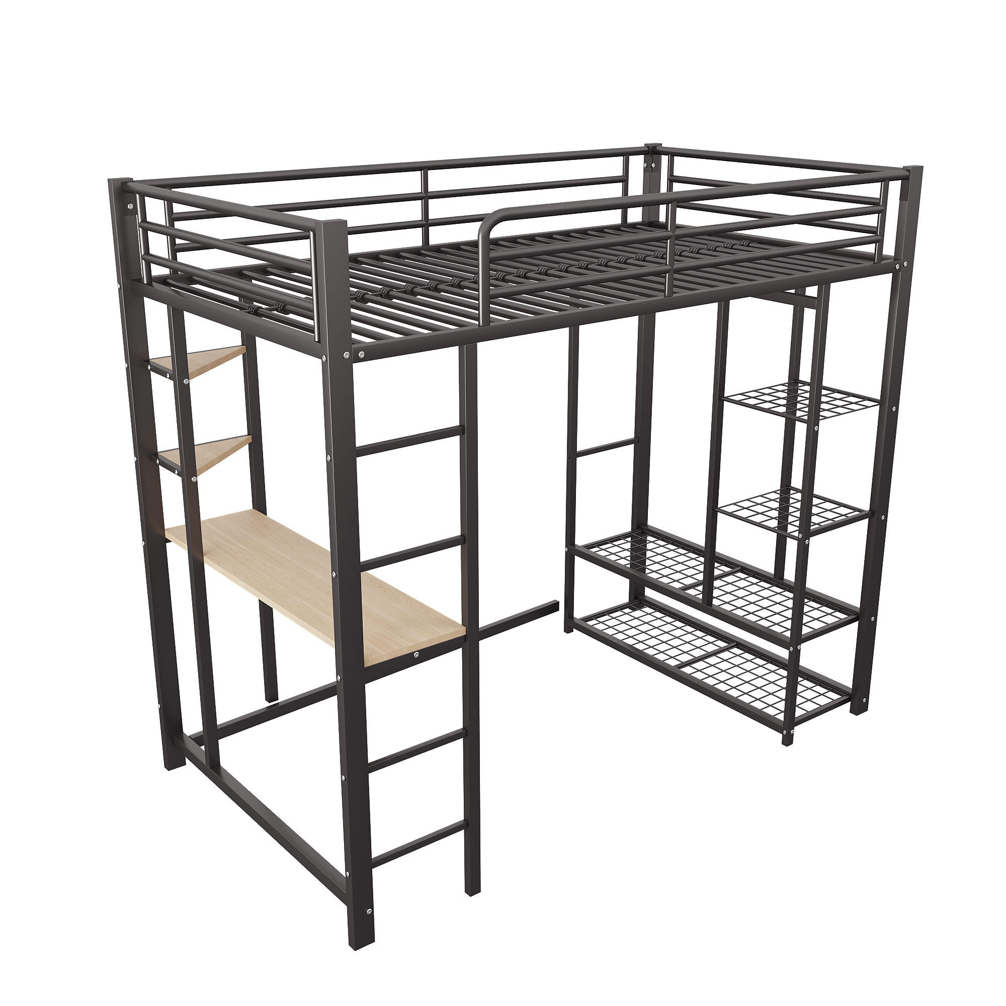 HOCHBETT 90/200 cm DE-01298, in Schwarz, mit Tisch und Kleiderschrank - Schwarz, Metall (90/200cm) - ComfortXL