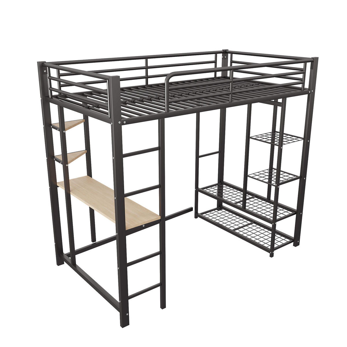 HOCHBETT mit Schreibtisch, Regalen und Stauraum - Schwarz, Holzwerkstoff/Metall - Urban Meuble